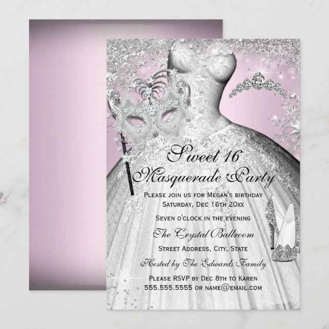 Convite Pink Silver Princess Masquerade Sweet 16 (Frente/Verso)