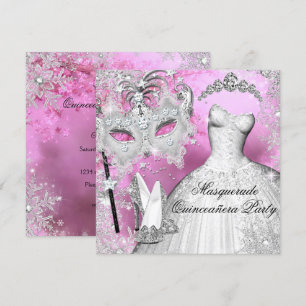 Convite Pink Silver Princess Quinceanera Mascarada