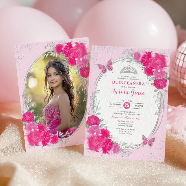 Convite Pink Silver Quinceañera Flower 15th Birthday Photo (Criador carregado)