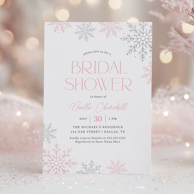 Convite Pink Silver Snowflake Winter Bridal Shower (Criador carregado)