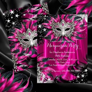 Convite Pink Silver Sparkle Magical Night Masquerade Party