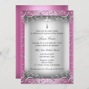 Convite Pink Silver Swirl & Cross Baptism/Christening