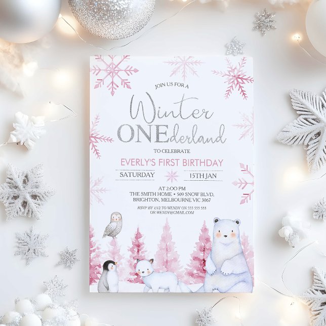 Convite Pink Silver Winter Animals Onederland Birthday (Winter Onederland Birthday Invitations Girl, Arctic Animals Winter Onederland Invitation, Pink )