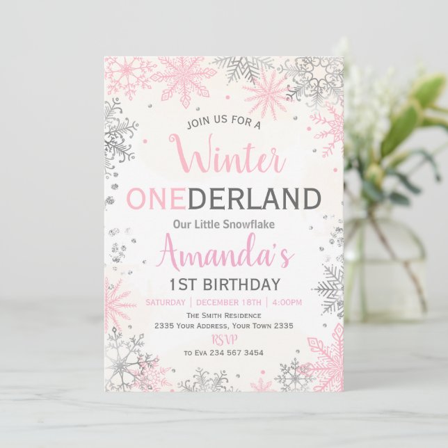 Convite Pink Silver Winter ONEderland Birthday Invitation (Em pé/Frente)