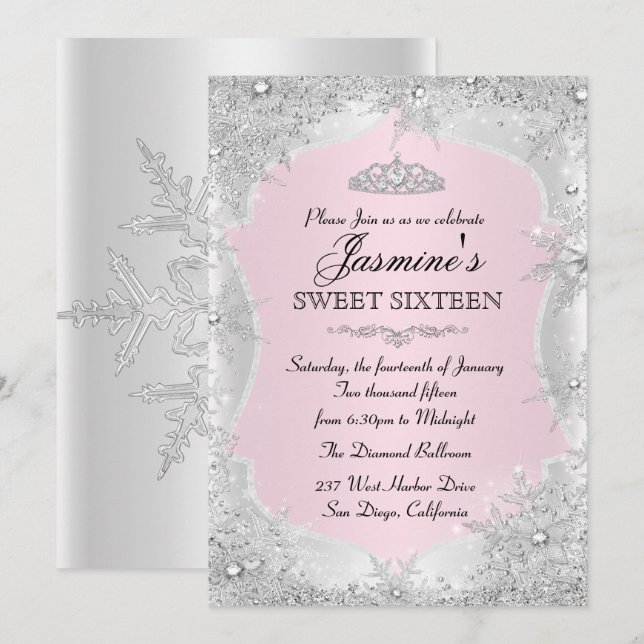 Convite Pink Silver Winter Snowflake Sweet 16 (Frente/Verso)