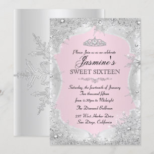Convite Pink Silver Winter Snowflake Sweet 16