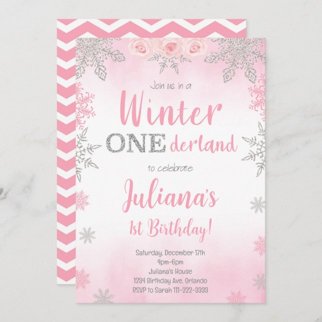 Convite Pink Silver Winter Wonderland (Frente/Verso)