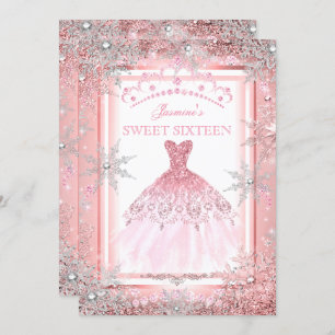 Convite Pink Silver Winter Wonderland Sweet 16 Birthday