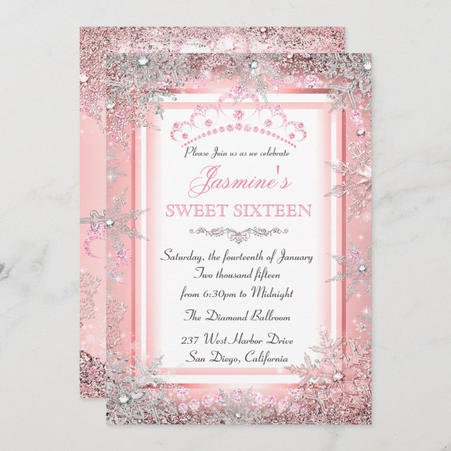 Convite Pink Silver Winter Wonderland Sweet 16 Party (Frente/Verso)