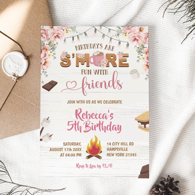 Convite Pink S'more Fun Girl Birthday Invitation Aniversár (Criador carregado)