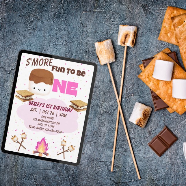 Convite Pink, S'more Fun to be One, 1st Birthday (Criador carregado)