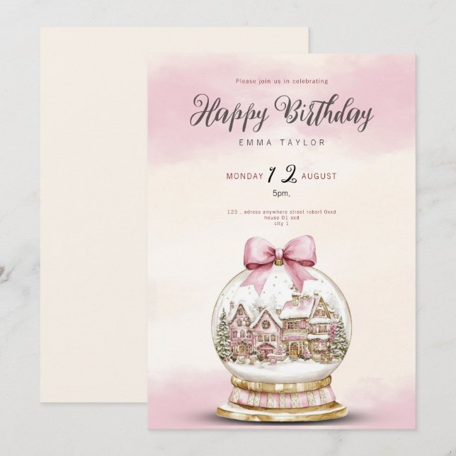 Convite  pink snowball birthday invitation (Frente/Verso)