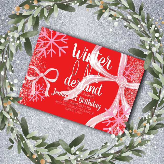 Convite Pink Snowflake Snowy Script First Birthday Bow (Criador carregado)