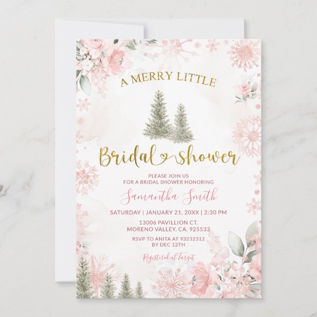 Convite Pink Snowflake Winter A Merry Little Bridal Shower (Frente)