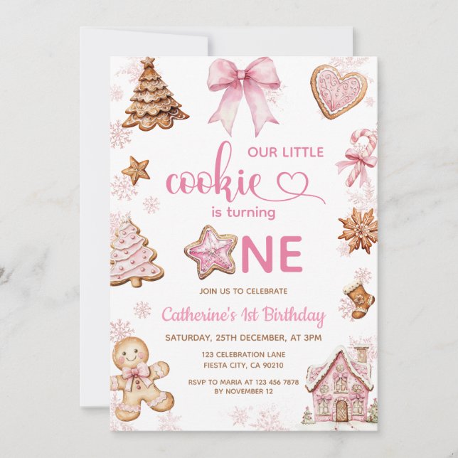 Convite Pink Snowflakes Gingerbread Christmas 1st Birthday (Frente)