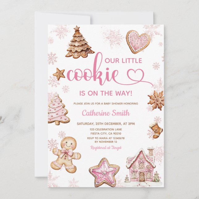 Convite Pink Snowflakes Gingerbread Christmas Baby Shower (Frente)