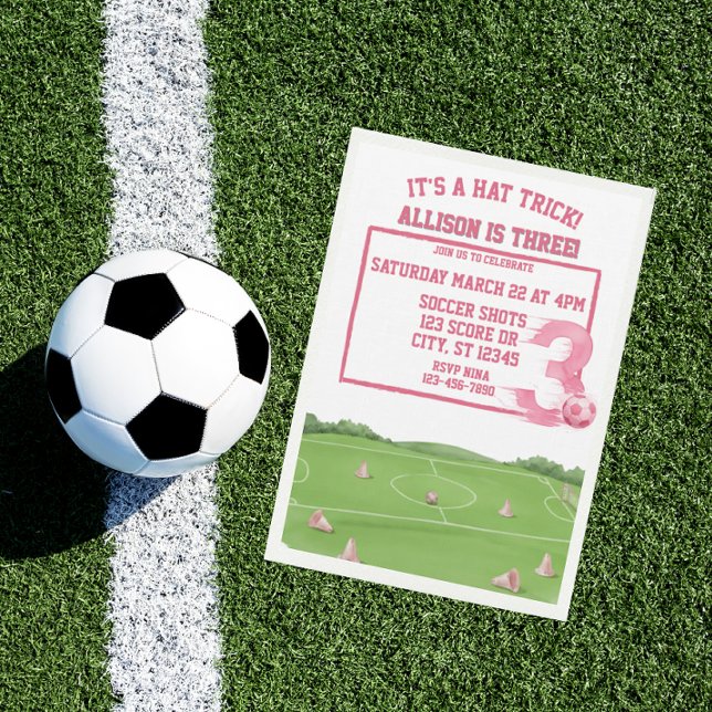 Convite Pink Soccer Hat Trick, 3rd Birthday (Criador carregado)