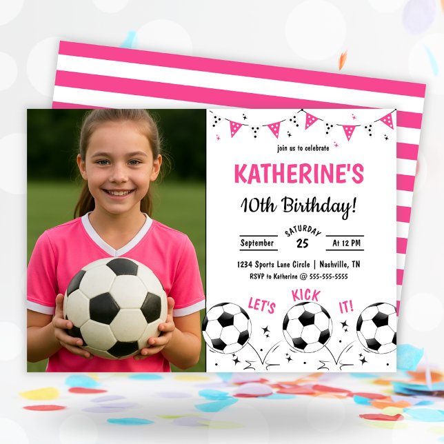 Convite Pink Soccer Photo Birthday (Pink Soccer Photo Birthday Invitation)