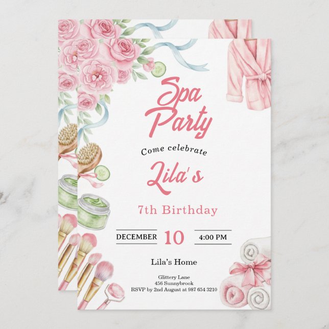 Convite Pink Spa Party Invitation for Girl's 7th Birthday (Frente/Verso)