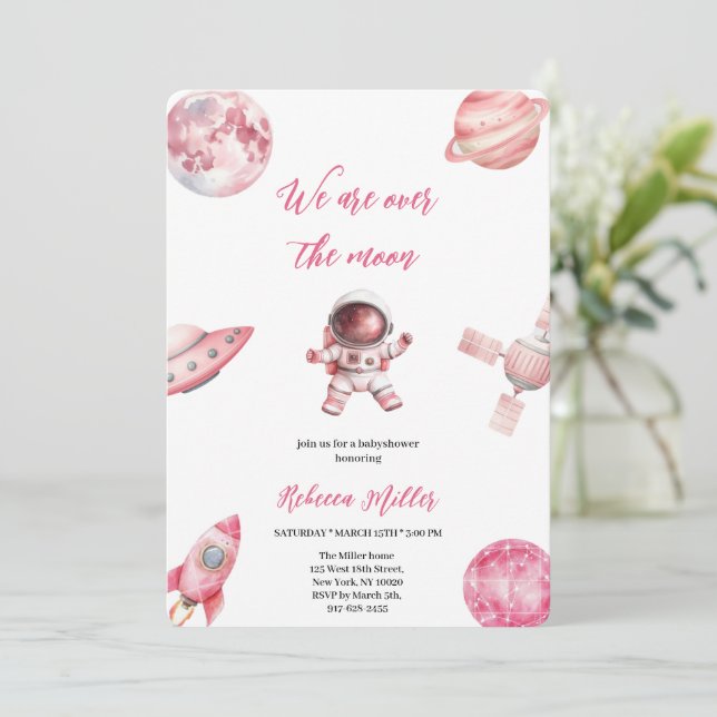 CONVITE PINK SPACE BABYSHOWER INVITATION (Em pé/Frente)
