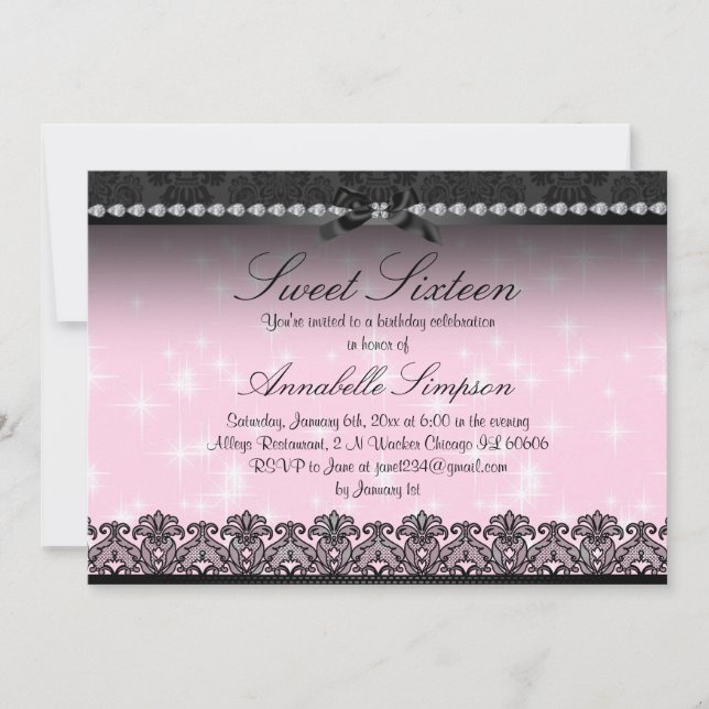 Convite Pink Sparkle & Black Lace Sweet Sixteen (Frente)
