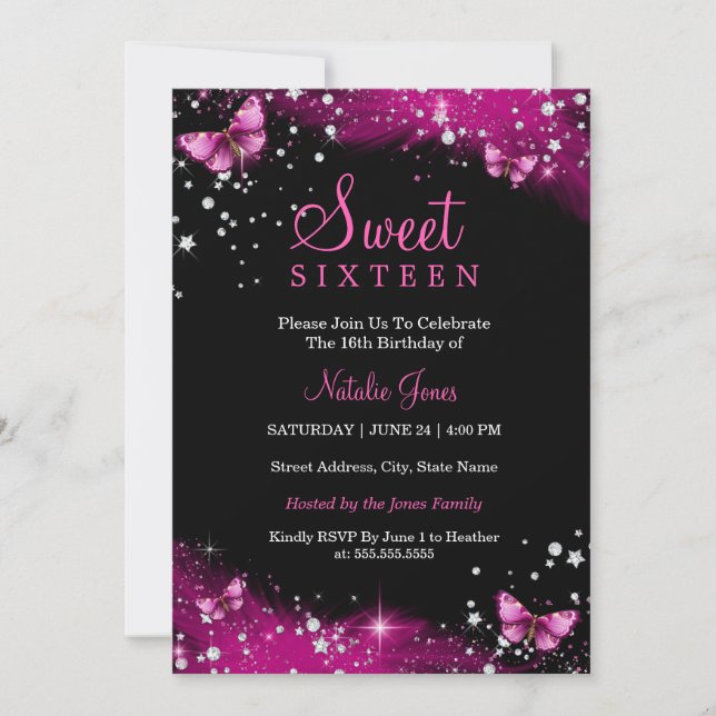 Convite Pink Sparkle Butterfly Diamond Sweet 16 (Frente)