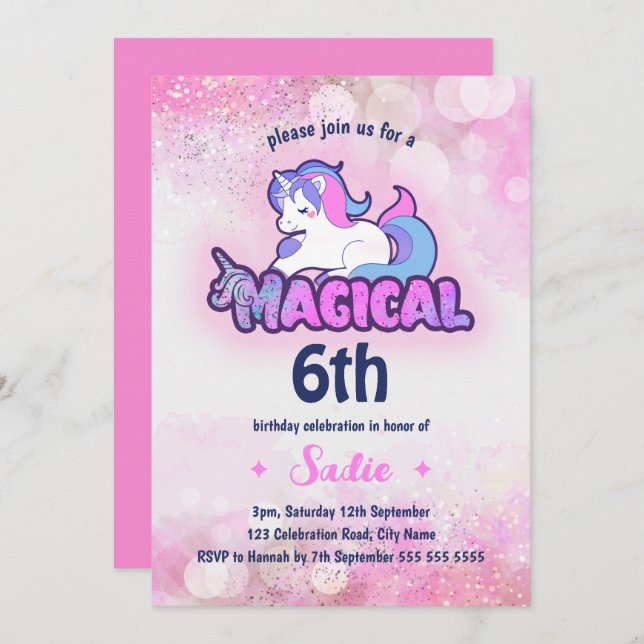 Convite Pink Sparkle Magical Any Age 6 Birthday (Frente/Verso)