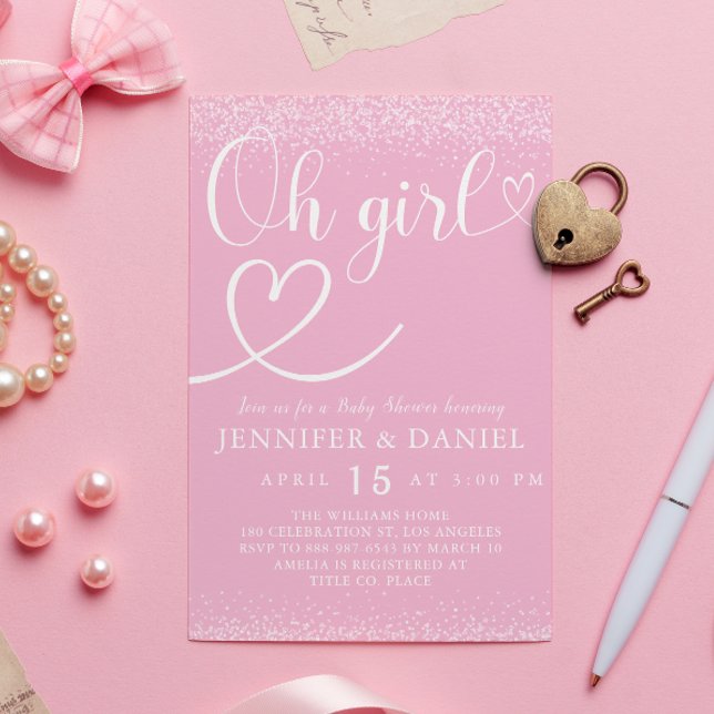 Convite Pink Sparkle Oh Girl Script Heart Cute (Criador carregado)