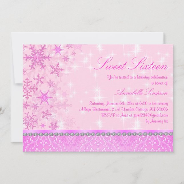 Convite Pink Sparkle Snowflake Sweet16 (Frente)