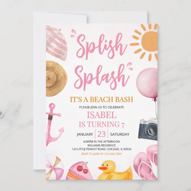 Convite Pink Splash Beach Bash Aniversário (Frente)