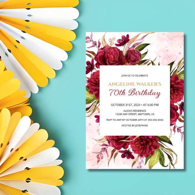 Convite Pink Splash Burgundy Dahlia Rosa Birthday (Criador carregado)