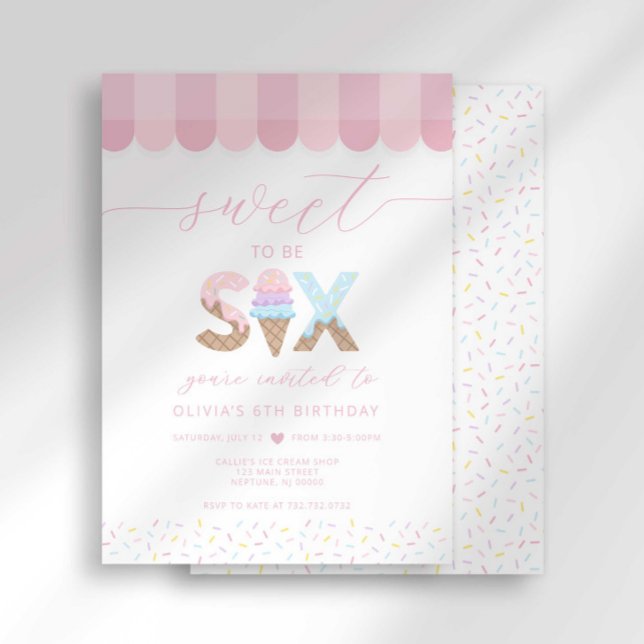 Convite Pink Sprinkles Sweet to be 6 Ice Cream Birthday (Criador carregado)