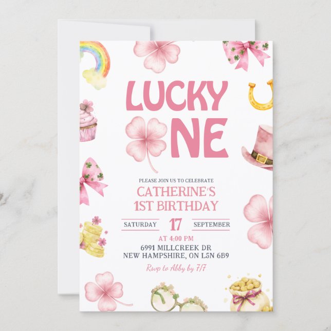 Convite Pink St Patrick Lucky One Kids First Birthday (Frente)
