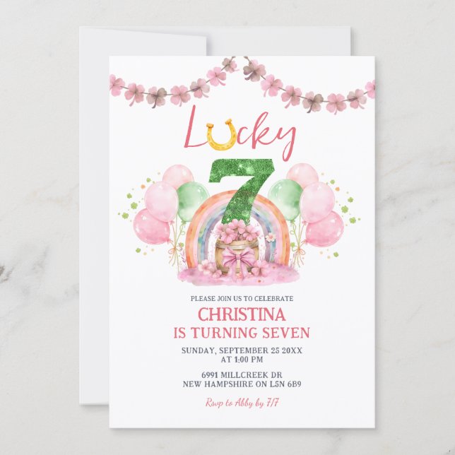 Convite Pink St Patrick Lucky Seven Birthday Invitation (Frente)