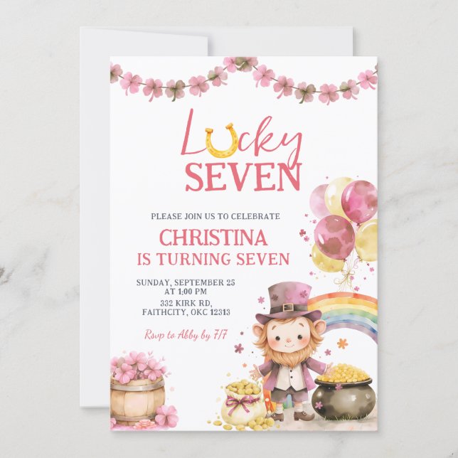 Convite Pink St Patrick Lucky Seven Birthday Invitation (Frente)