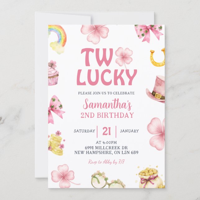 Convite Pink St Patrick Two Lucky Birthday Invitation (Frente)
