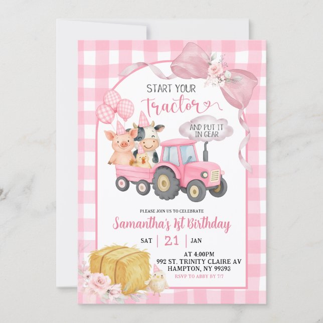 Convite Pink Start Your Tractor Farm Animals Birthday (Frente)