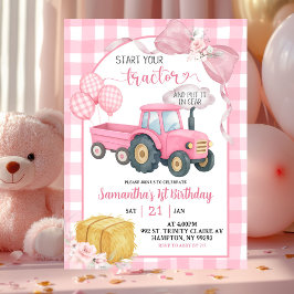 Convite Pink Start Your Tractor Farm Theme Girl Birthday