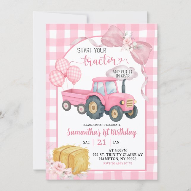 Convite Pink Start Your Tractor Farm Theme Girl Birthday (Frente)