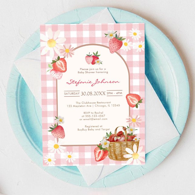 Convite Pink Strawberry Baby Shower Invitation (Criador carregado)