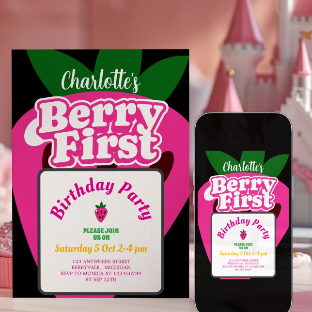 Convite Pink Strawberry Berry First Birthday 1st Birthday  (Criador carregado)