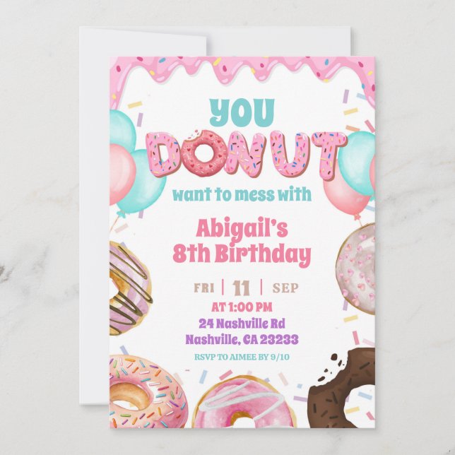 Convite Pink Strawberry Donut Theme Girl Birthday Party (Frente)