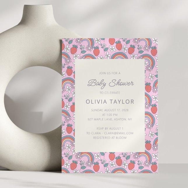 Convite Pink Strawberry Rainbow Retro Baby Shower (Criador carregado)