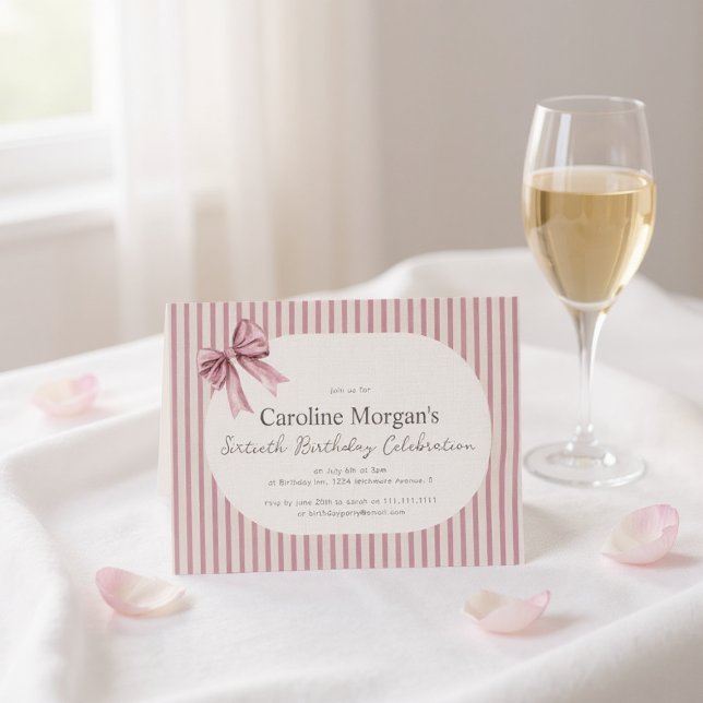 Convite Pink Striped Bow 60th Birthday Celebration  (Criador carregado)