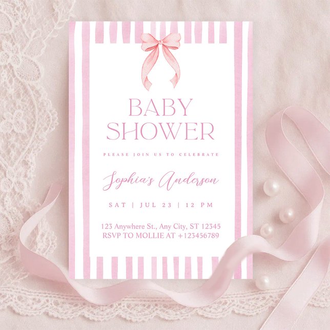 Convite Pink Striped Bow Baby Shower (Criador carregado)