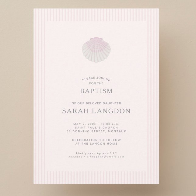 Convite Pink striped coast shell baptism Invitation (Criador carregado)