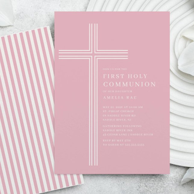 Convite Pink Striped First Communion Invitation (Criador carregado)