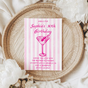 Convite Pink Striped Martini 30º Aniversário – Adulto Chic