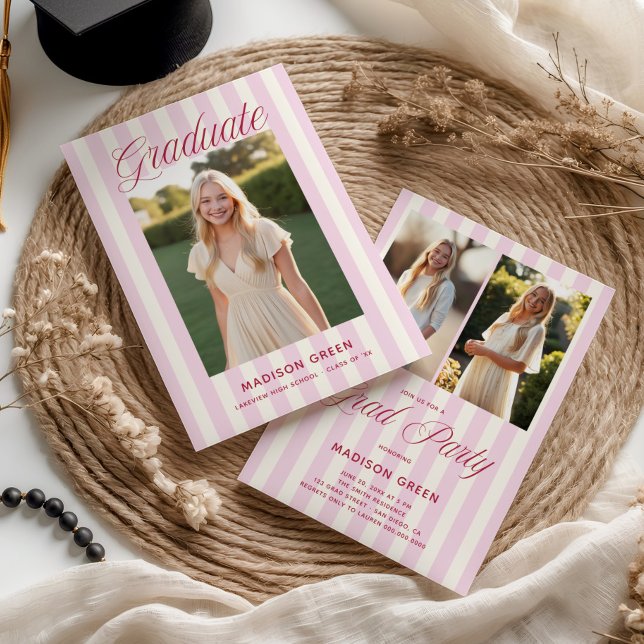 Convite Pink Striped Preppy Graduation (Criador carregado)