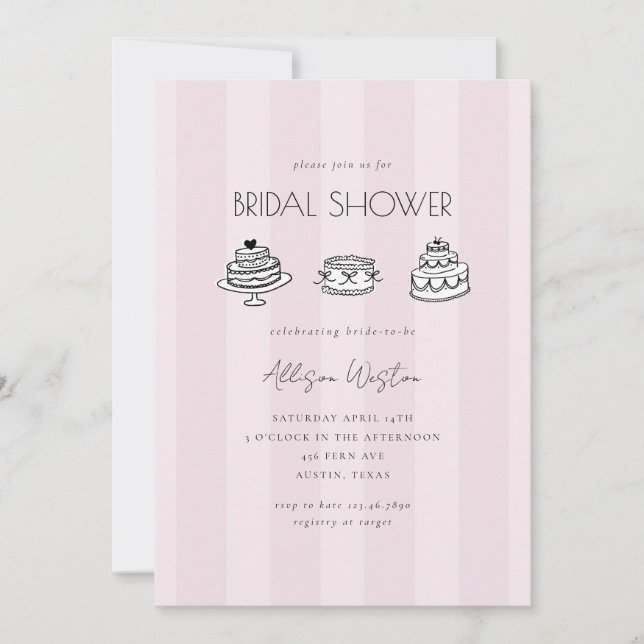 Convite Pink Striped Vintage Cake Bridal Shower Invitation (Frente)